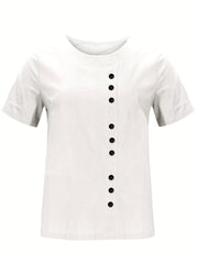 「lovevop」Buttons Solid T-shirt, Casual Crew Neck Short Sleeve Summer T-shirt, Women's Clothing