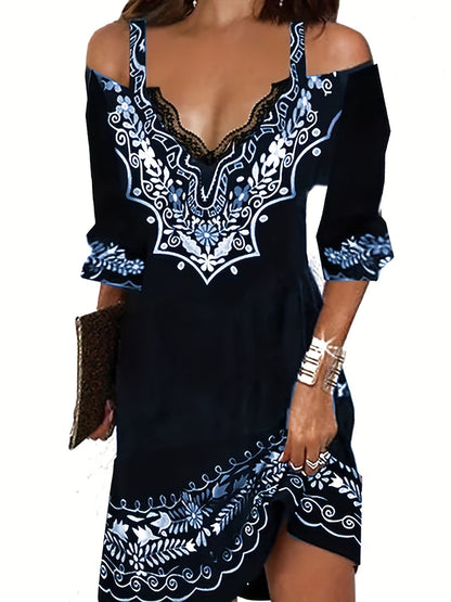 「lovevop」Ethnic Print Off Shoulder Dress, Boho V Neck Half Sleeve Cami Dress, Women's Clothing