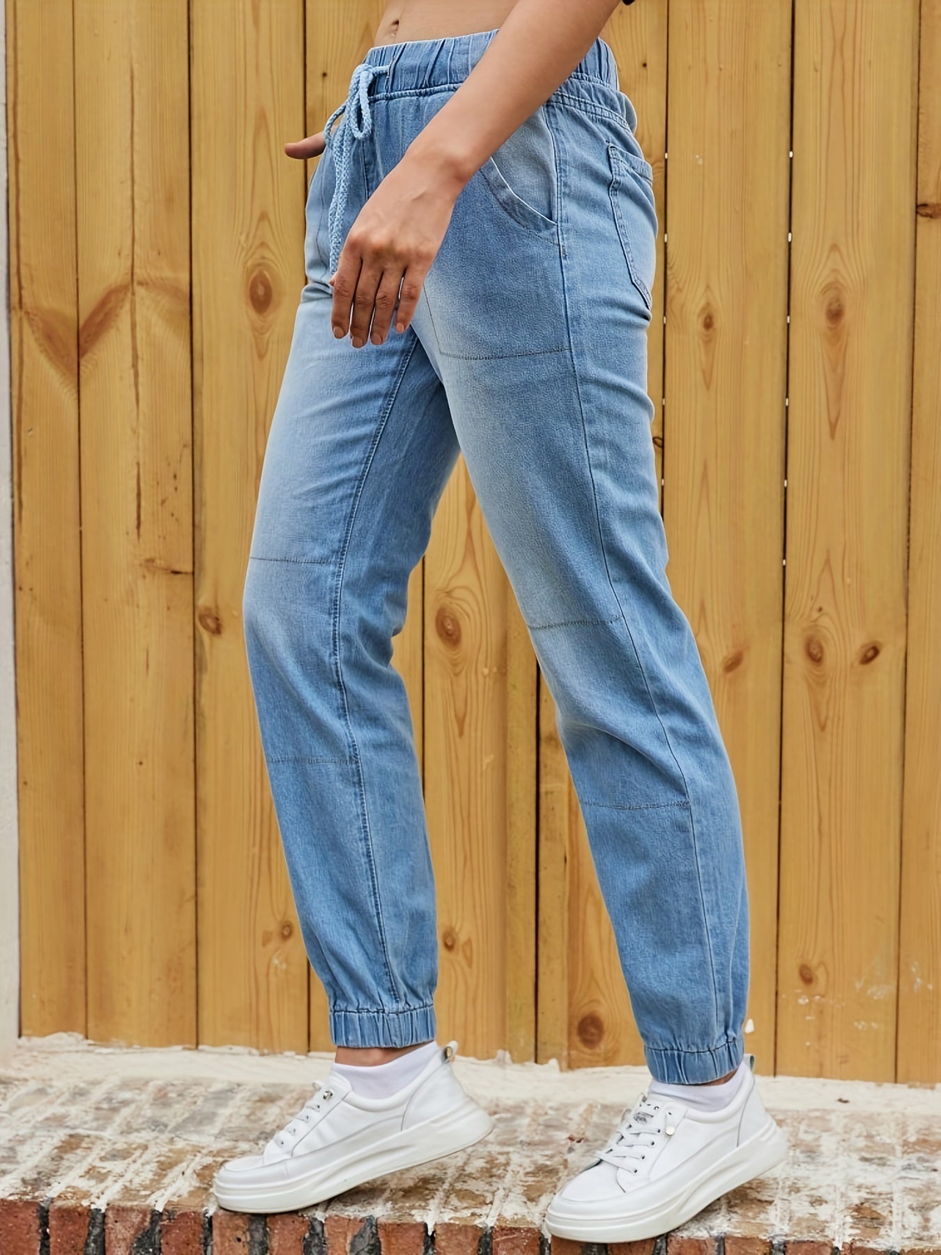 「lovevop」Blue Elastic Waist Jogger Pants, Slash Pockets Straight Legs Mid-Waist Denim Pants, Women's Denim Jeans & Clothing
