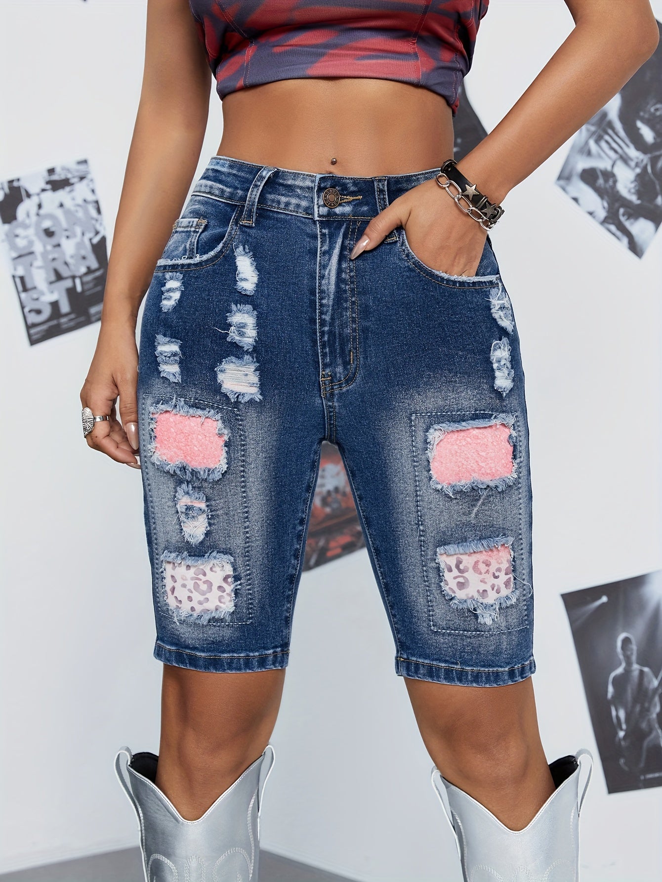 Bermuda Ripped Jeans With Pinkish Leopard Print Patchwork, High Elasticity, Comfort, Women's Fashion Denim Shorts