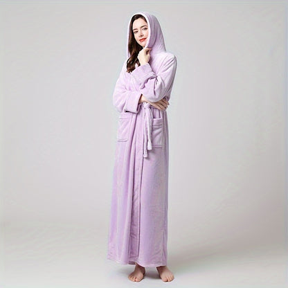 1pc Soft Coral Fleece Unisex Bathrobe - Thickened Long Sleeve Hooded Loungewear for Autumn and Winter - Plush Couple Style Bathroom Supplies for Cozy Relaxation