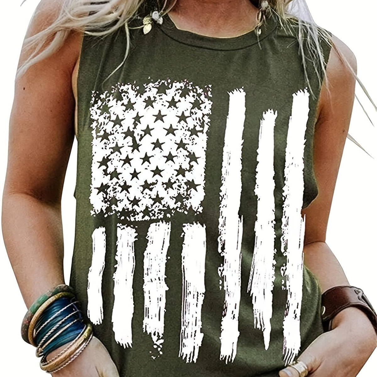 「lovevop」Flag Print Crew Neck Tank Top, Casual Sleeveless Tank Top For Summer, Women's Clothing