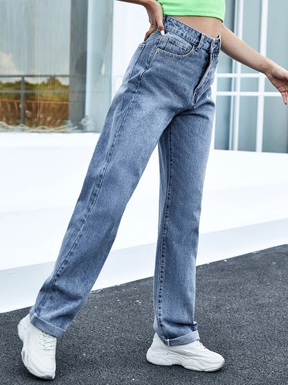 「lovevop」Blue High Waist Straight Jeans, Loose Fit High Rise Slash Pockets Extra Long Denim Pants, Women's Denim Jeans & Clothing