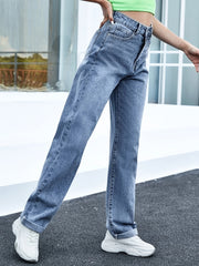 「lovevop」Blue High Waist Straight Jeans, Loose Fit High Rise Slash Pockets Extra Long Denim Pants, Women's Denim Jeans & Clothing