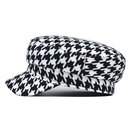 Womens Elegant Breton Cap - Breathable, Lightweight, Woven Polyester Construction - Classic Houndstooth Newsboy Style Military Hats for Everyday Wear