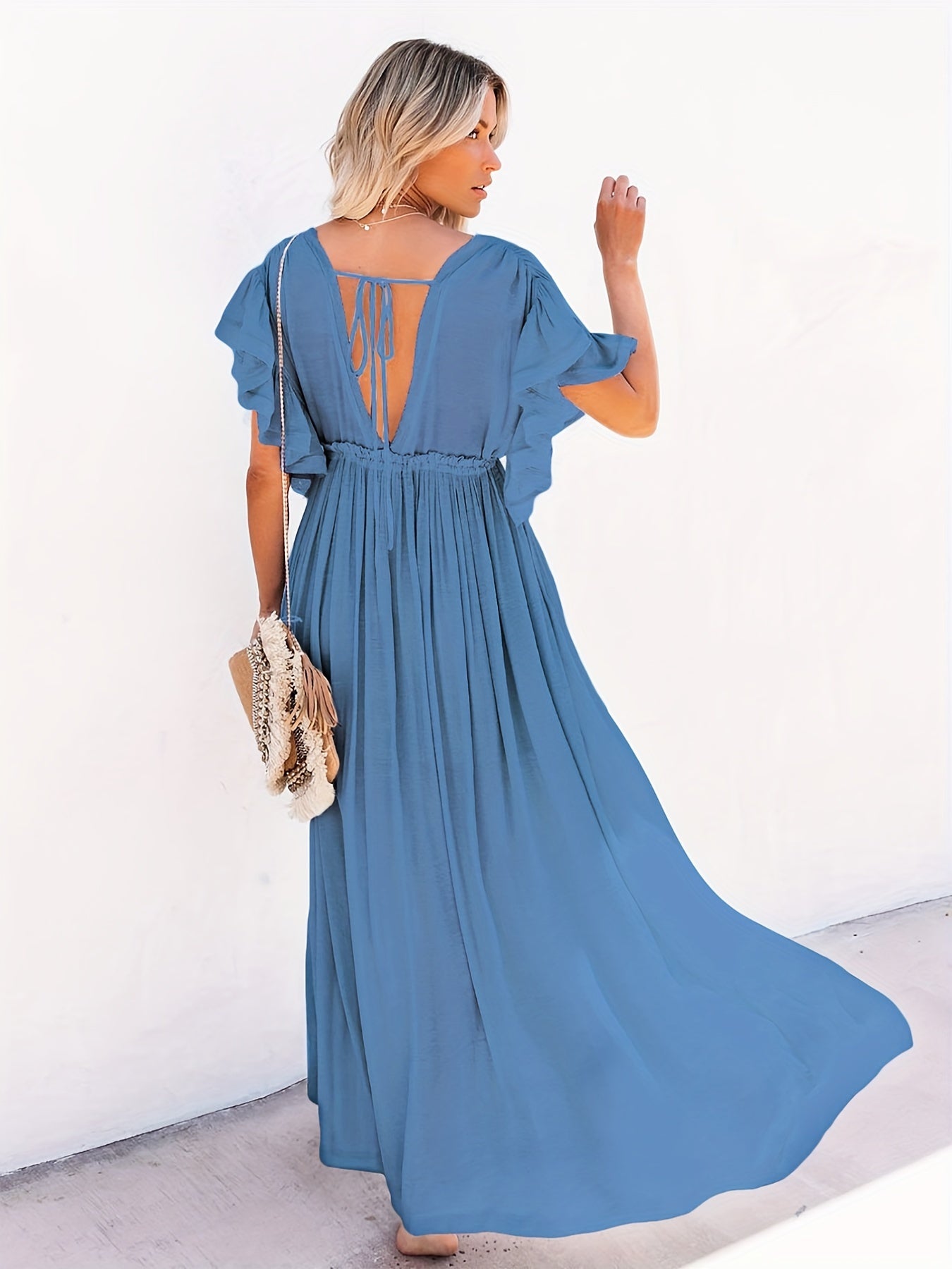 「lovevop」Ruched Plunging Dress, Vacation Beach Solid Drawstring Ruffle Trim Maxi Dress, Women's Clothing