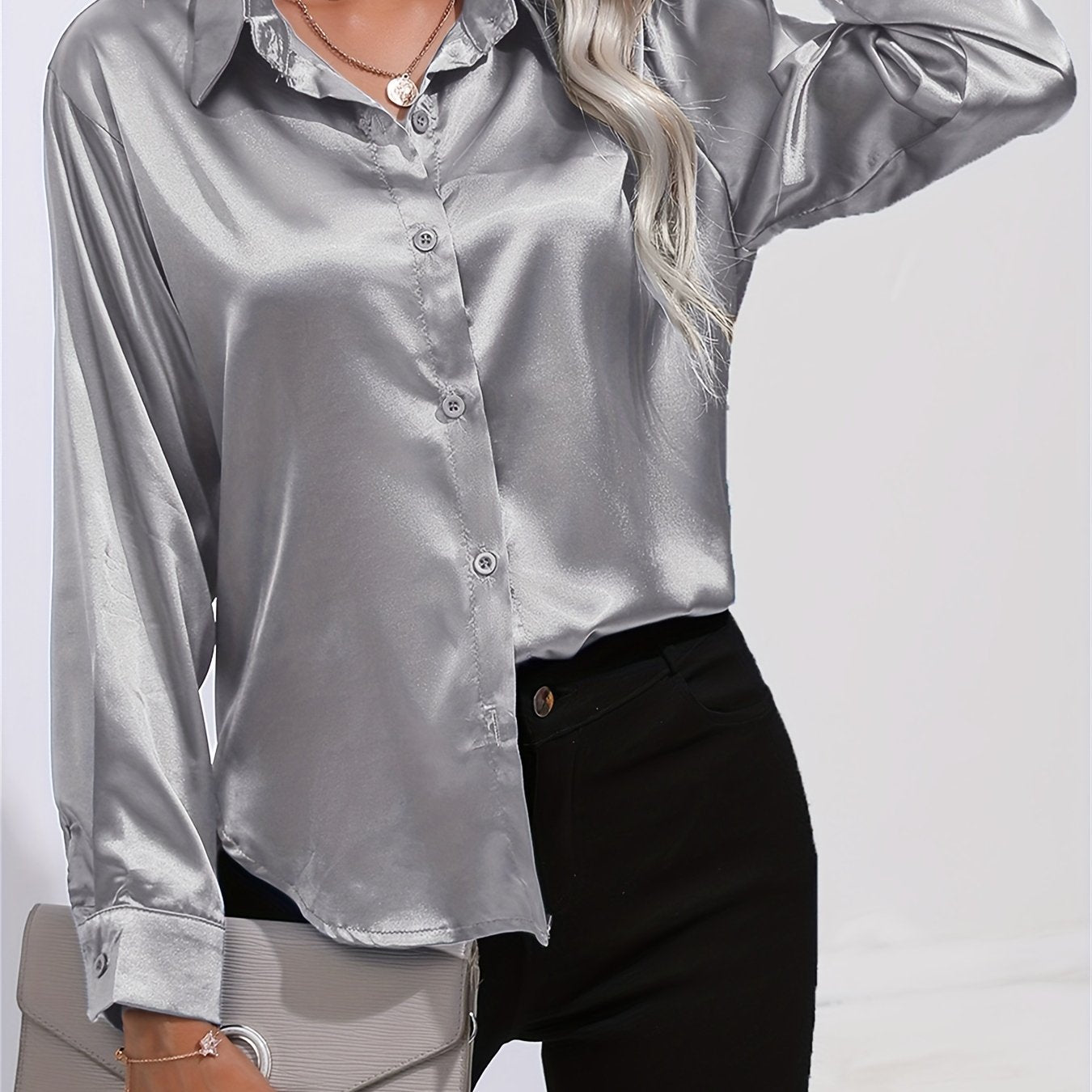 「lovevop」Solid Smoothly Shirt, Elegant Button Front Turn Down Collar Long Sleeve Shirt, Women's Clothing