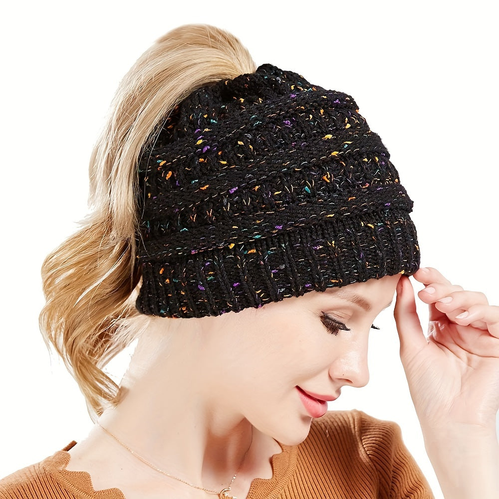 Acrylic Knit Solid Color Slouchy Beanie with Ponytail Hole - Soft, Packable, Elastic, Warm, and Trendy - Perfect for Daily Use in Autumn and Winter