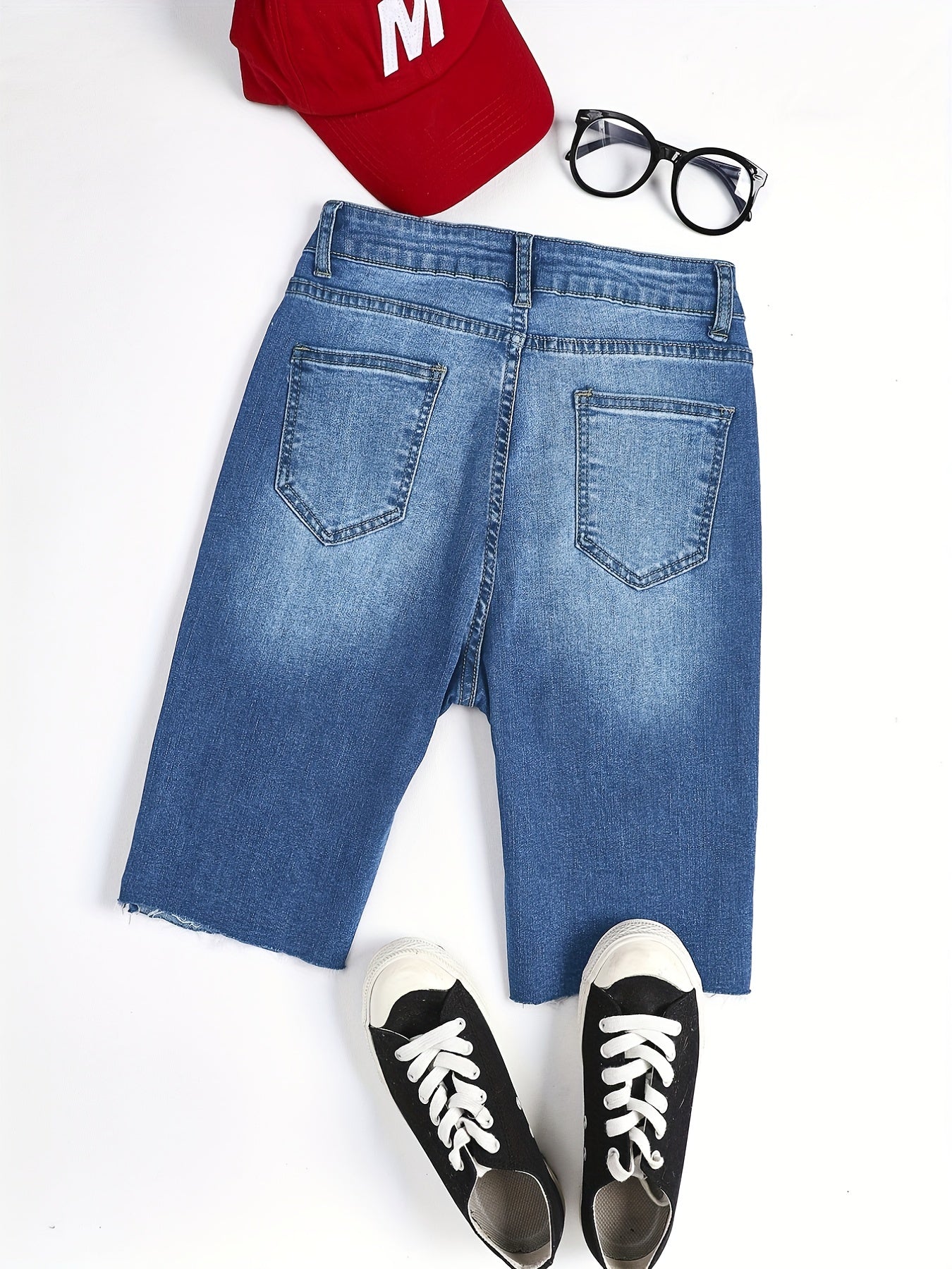 「lovevop」Blue Mid-Stretch Denim Shorts, Slash Pockets Casual Short Denim Pants, Women's Denim Jeans & Clothing