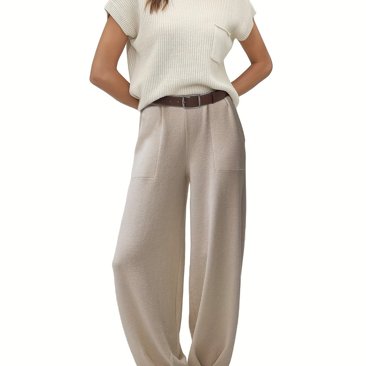 Two-Piece Jogger Pants Set - Soft, Elegant, Short Sleeve Pocket Knit Top & Loose Fit Pants Outfit - Comfortable, Versatile, and Chic Women's Clothing for Everyday Wear