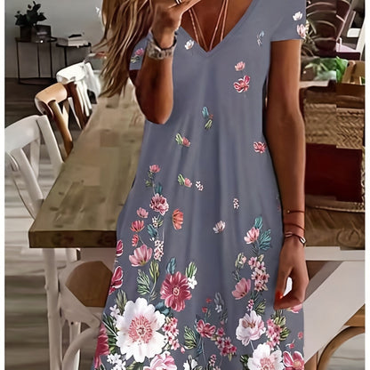 「lovevop」Floral Print Short Sleeve Dress, V Neck Casual Dress For Summer & Spring, Women's Clothing