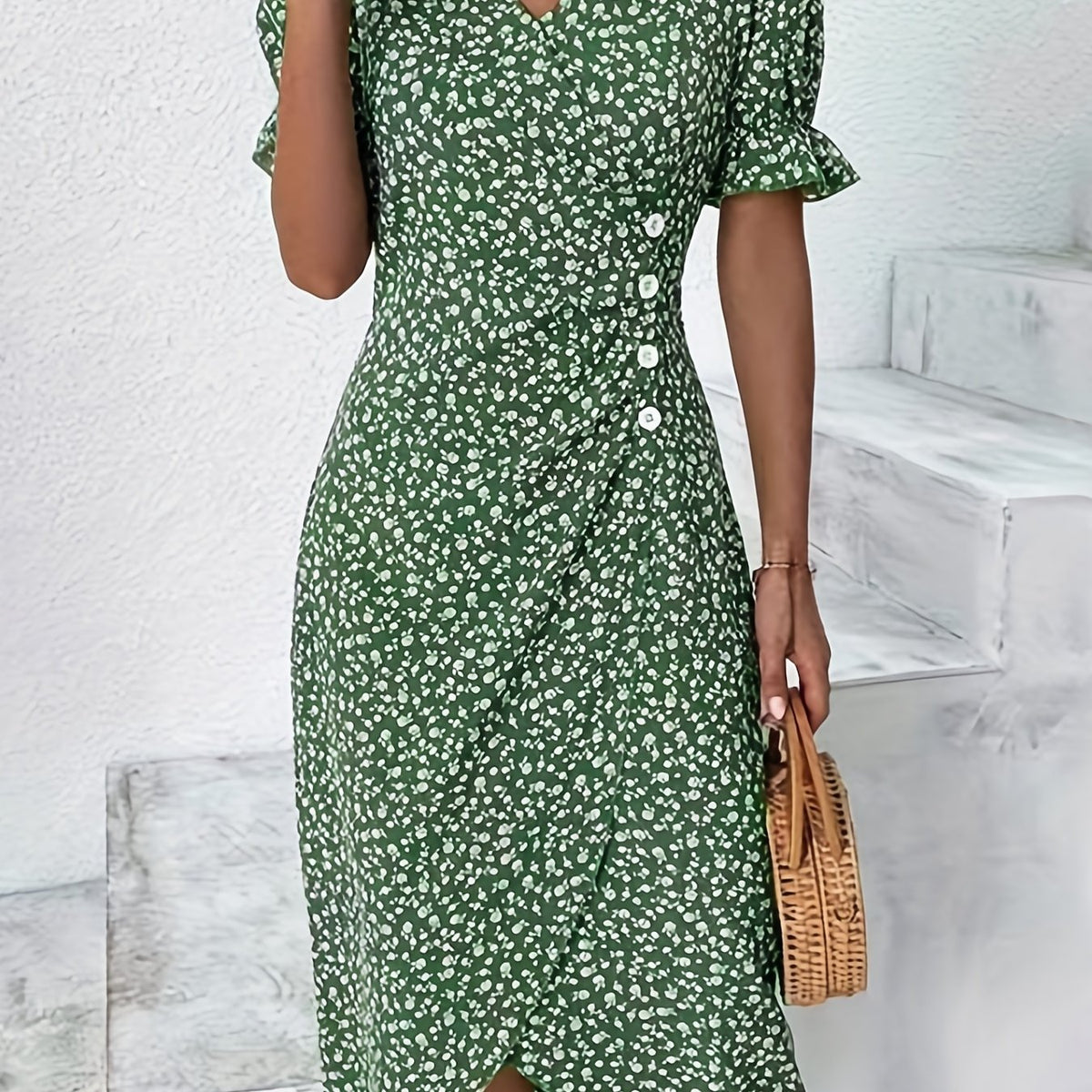 「lovevop」Ditsy Floral Print Dress, Elegant Button Front Short Sleeve Summer Dress, Women's Clothing