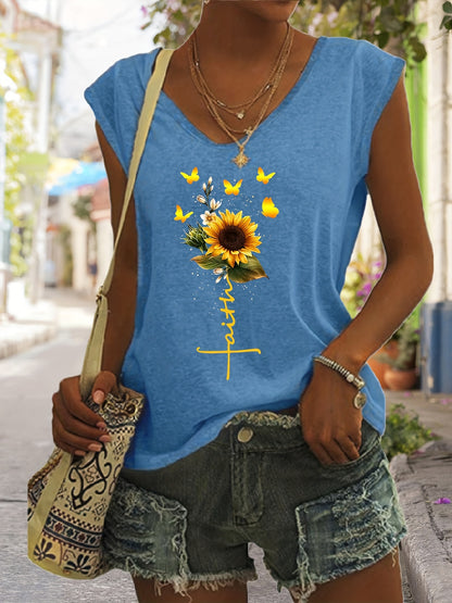 「lovevop」Sunflower Print Tank Top, Sleeveless Casual Top For Spring & Summer, Women's Clothing