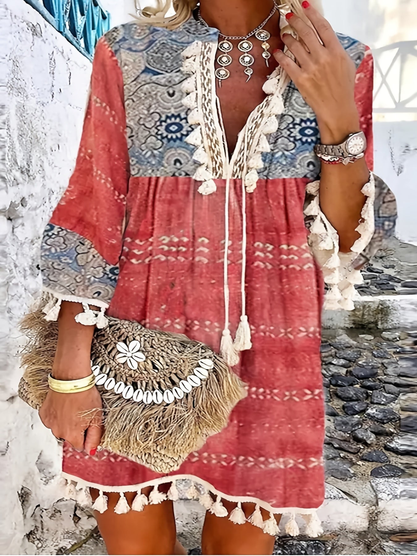 「lovevop」Retro Print Boho Dress, V Neck Tassels Casual Dress For Spring & Summer, Women's Clothing