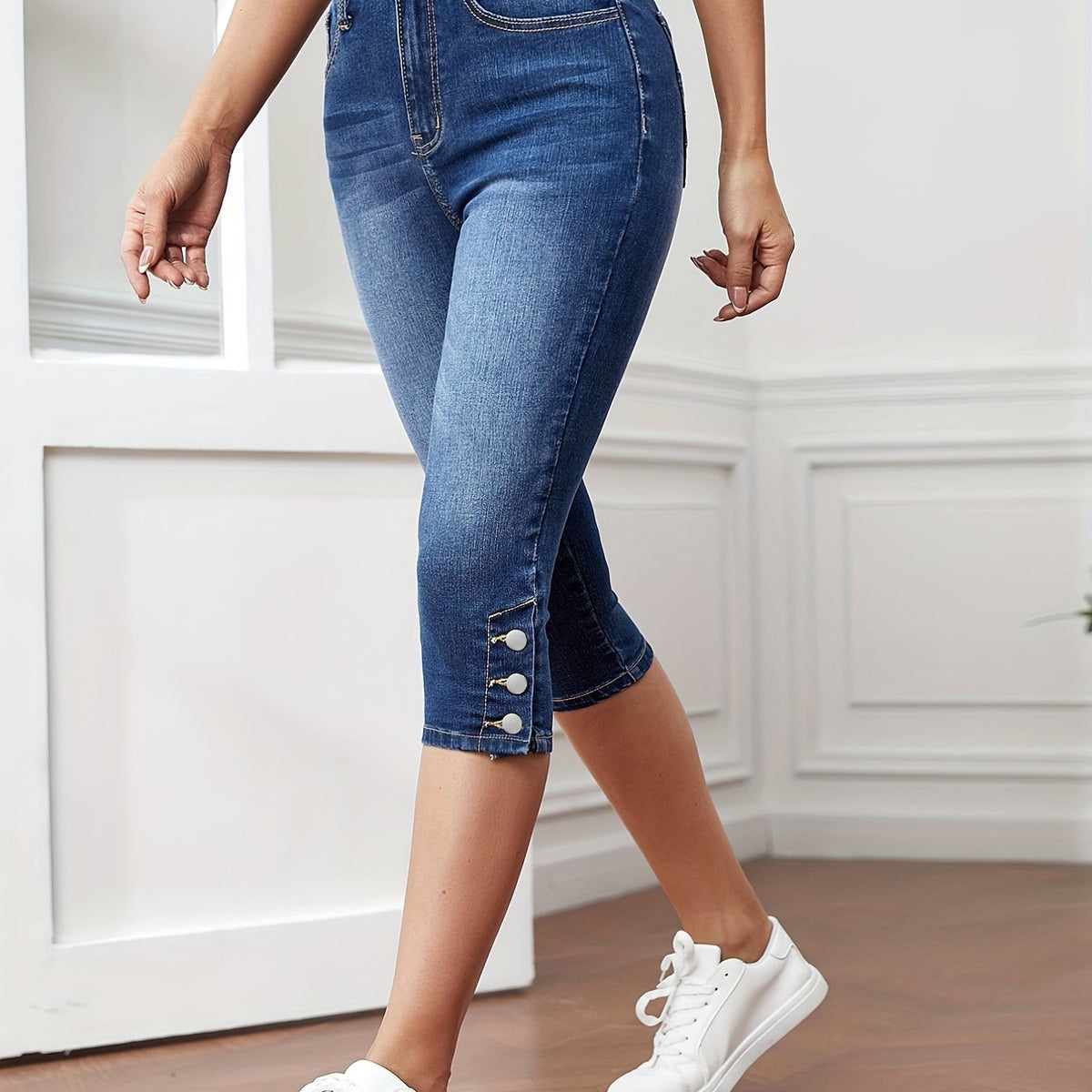 「lovevop」Blue Slim Fit Denim Shorts, High-Stretch Side Single-Breasted Button Capris Short Denim Pants, Women's Denim Jeans & Clothing