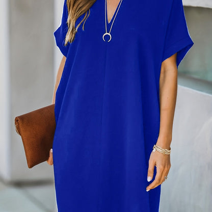 「lovevop」V Neck Loose Dress, Short Sleeve Casual Every Day Dress, Women's Clothing