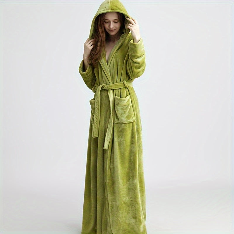 1pc Soft Coral Fleece Unisex Bathrobe - Thickened Long Sleeve Hooded Loungewear for Autumn and Winter - Plush Couple Style Bathroom Supplies for Cozy Relaxation