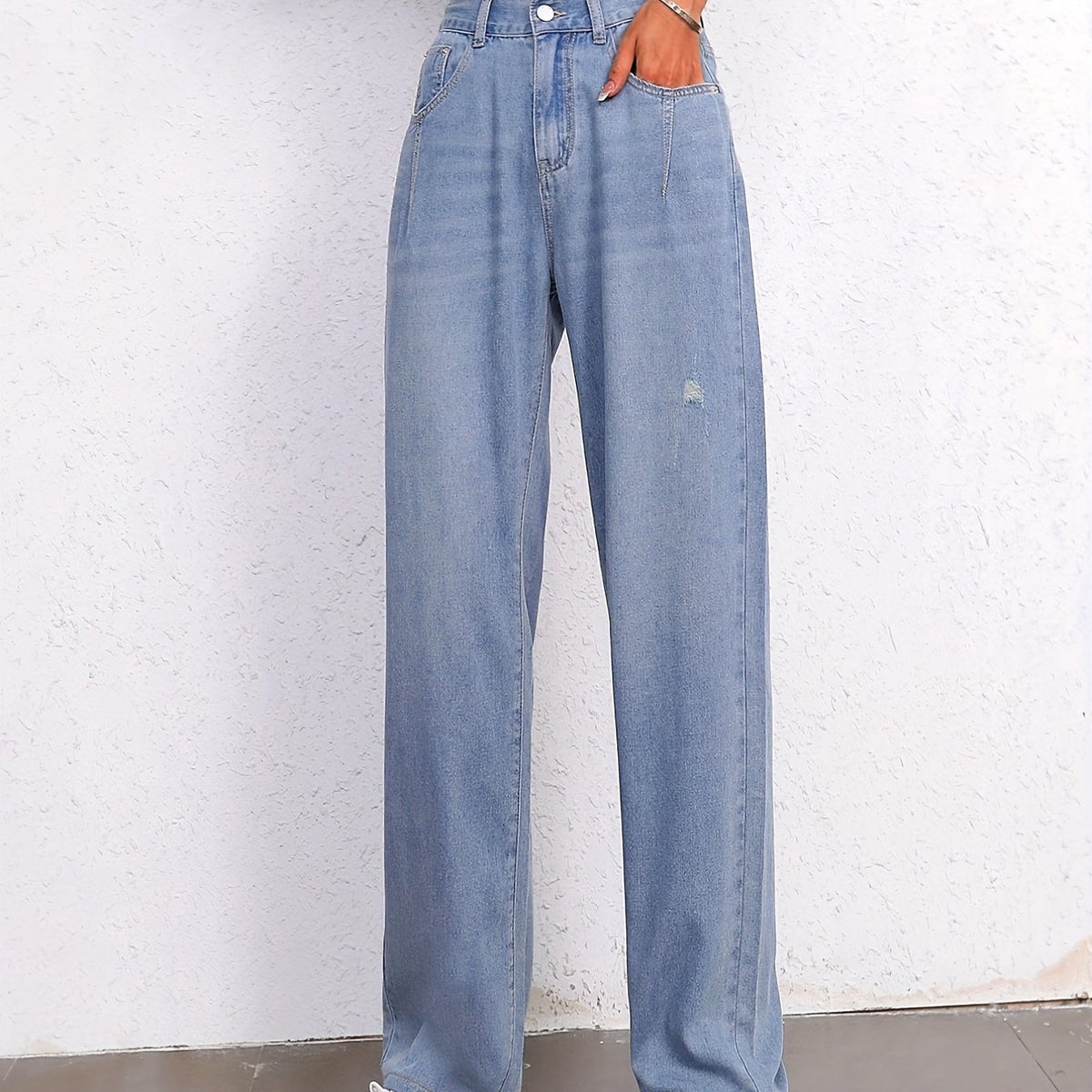 「lovevop」Ripped Water Ripple Embossed Denim Pants, Slash Pocket Causal Style Straight Leg Jeans, Essential Pants For Every Day, Women's Denim Jeans & Clothing