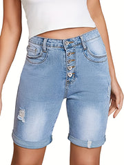 「lovevop」Solid Rolled Hem Denim Shorts, Slim Fit Ripped Holes Slash Pockets Single-Breasted Button Short Denim Pants, Women's Denim Jeans & Clothing