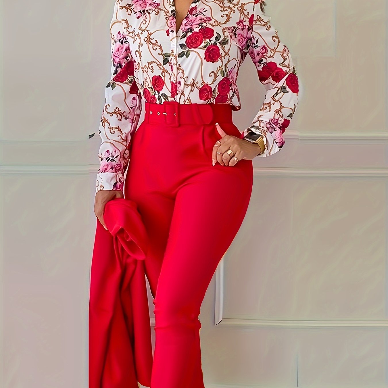 Two-Piece Elegant Outfit Set - Floral Print V-Neck Long Sleeve Blouse with Micro Elasticity and Solid Belted Tapered Pants - Polyester Knit Fabric, Random Printing, All Seasons, No Sheer