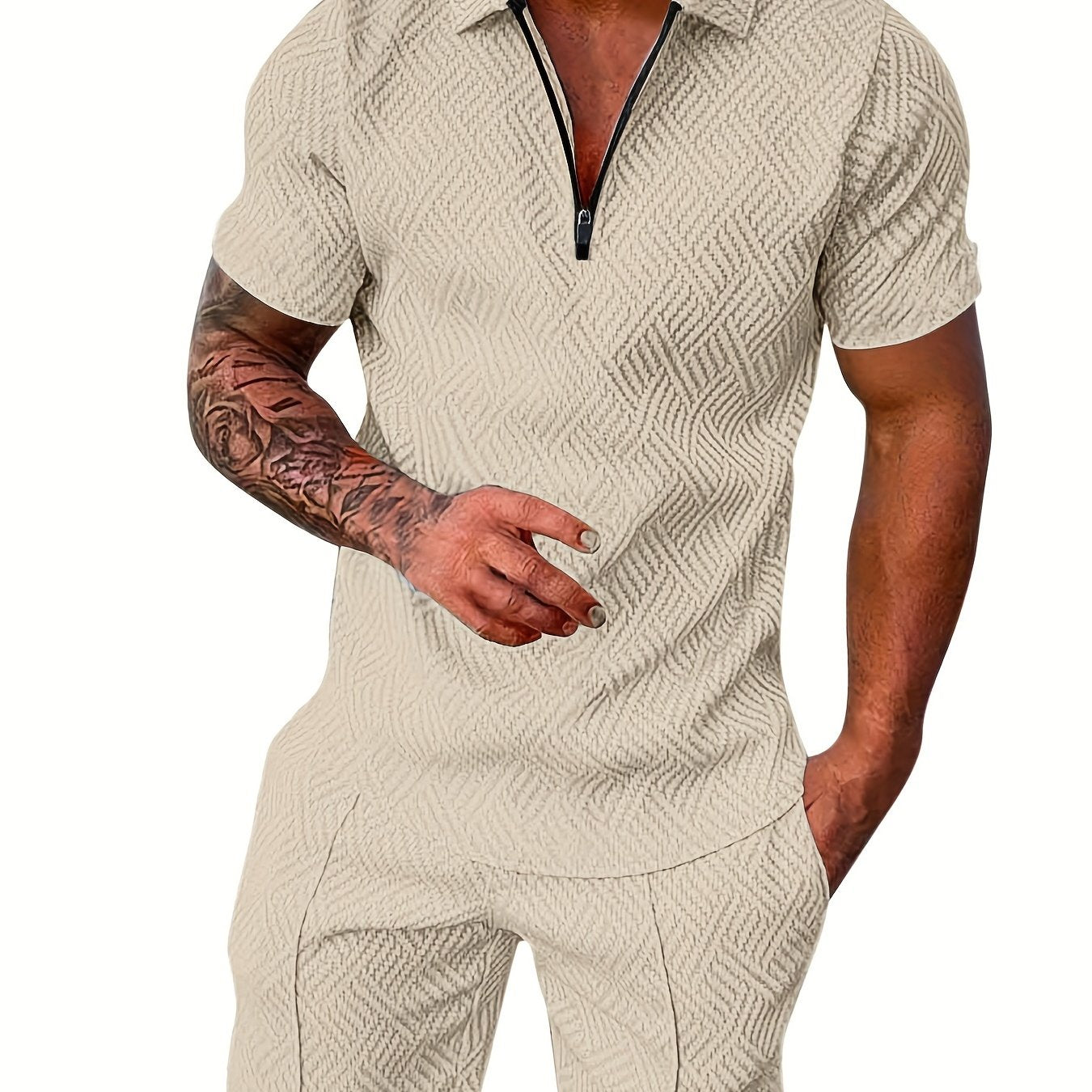 「lovevop」Men's Polyester Thin V-neck Zipper Sweatsuits With V-neck Zipper T-shirt & Shorts Christmas Gifts Best Sellers