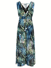 「lovevop」Boho Tropical Print Drawstring Dress, Casual Sleeveless V Neck Slim Waist Maxi Dress, Women's Clothing
