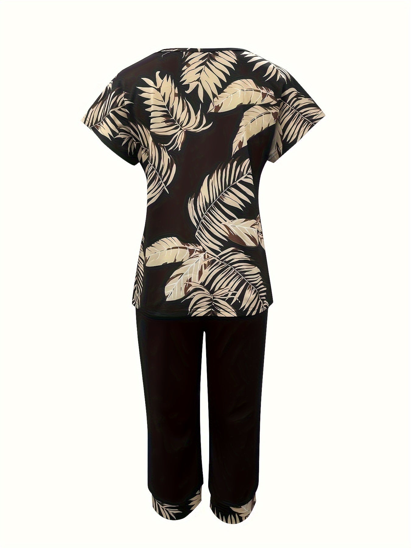 Casual Leaf Print Capri Pants Set, Short Sleeve Crew Neck Top & Straight Leg Capri Pants Outfits, Women's Clothing