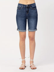 「lovevop」Blue Rolled Hem Short Denim Pants, Slim Fit Slash Pockets High-Stretch Short Denim Trousers, Women's Denim Jeans & Clothing
