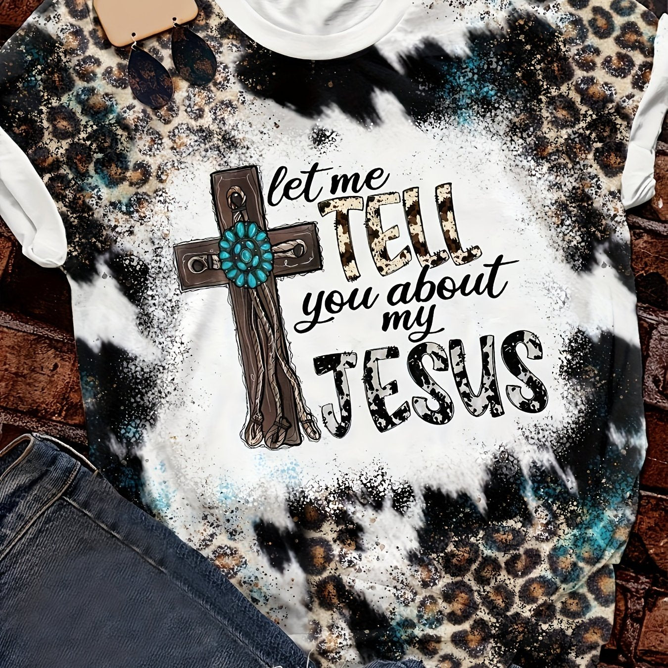 「lovevop」Let Me Tell You About My Jesus Letter & Cross Print T-shirt, Casual Vintage Leopard Short Sleeve T-shirt, Women's Clothing