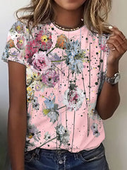 「lovevop」Floral Print Crew Neck T-Shirt, Casual Short Sleeve T-Shirt For Spring & Summer, Women's Clothing