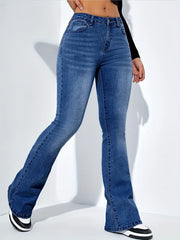 「lovevop」Blue Bell Bottom Denim Pants, Wide Legs Slash Pockets High-Stretch Boot-Cut Flared Jeans, Women's Denim Jeans & Clothing