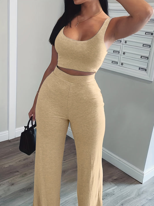 「lovevop」Casual Workout 2 Pieces Set, Cropped Sleeveless Tank Top & High Waist Wide Leg Pants Outfits, Women's Clothing