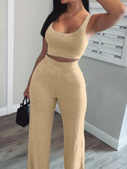 「lovevop」Casual Workout 2 Pieces Set, Cropped Sleeveless Tank Top & High Waist Wide Leg Pants Outfits, Women's Clothing