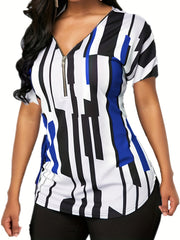 「lovevop」Striped Print V Neck Zipper T-shirt, Casual Loose Short Sleeve Summer T-Shirts Tops, Women's Clothing