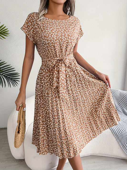 「lovevop」Stylish Floral Print Belted Dress, Crew Neck Short Sleeve Dress, Casual Every Day Dress, Women's Clothing