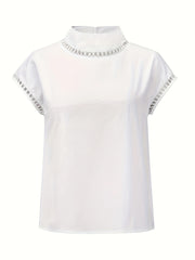 「lovevop」Solid Cut Out Blouse, Casual Stand Collar Short Sleeve Simple Blouse, Women's Clothing