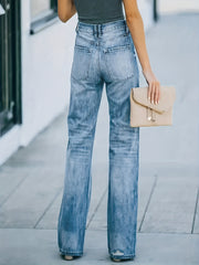 「lovevop」Stretchy Ripped High Waist Straight Jeans, Casual Slash Pockets Button Wide Leg Pants, Women's Denim & Clothing