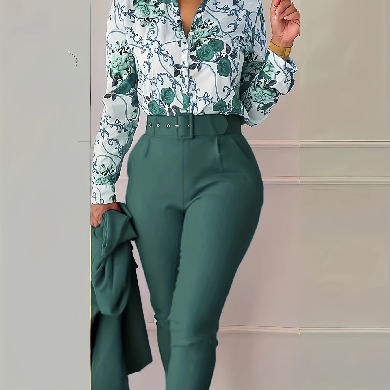 Two-Piece Elegant Outfit Set - Floral Print V-Neck Long Sleeve Blouse with Micro Elasticity and Solid Belted Tapered Pants - Polyester Knit Fabric, Random Printing, All Seasons, No Sheer