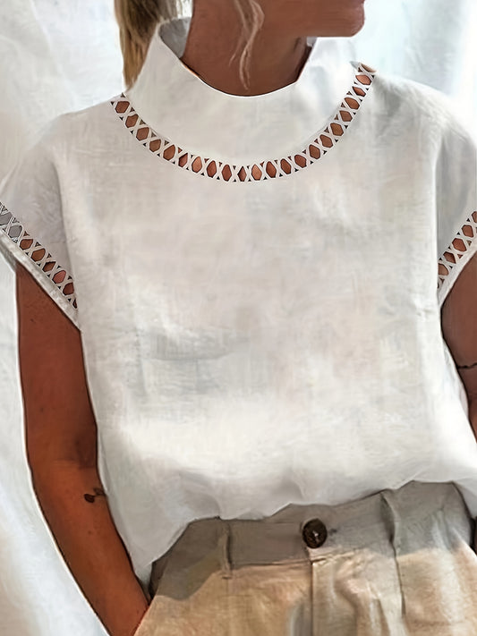 「lovevop」Solid Cut Out Blouse, Casual Stand Collar Short Sleeve Simple Blouse, Women's Clothing