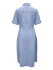 Lovevop-A-Line Flap Pockets Denim Dress, Rolled Sleeve Button Up V Neck Dress, Casual Lapel Denim Long Dress, Women's Denim Dress & Clothing