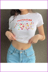 lovevop Cartoon Pattern Printing Round Neck Women's T-Shirt FW7212