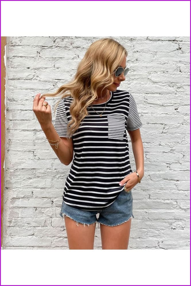 lovevop Casual Fashion Women Striped Short Sleeve T-Shirt FW8473