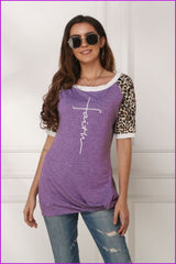 lovevop Casual Leopard Print Letter Short Sleeve T-Shirt FW3896