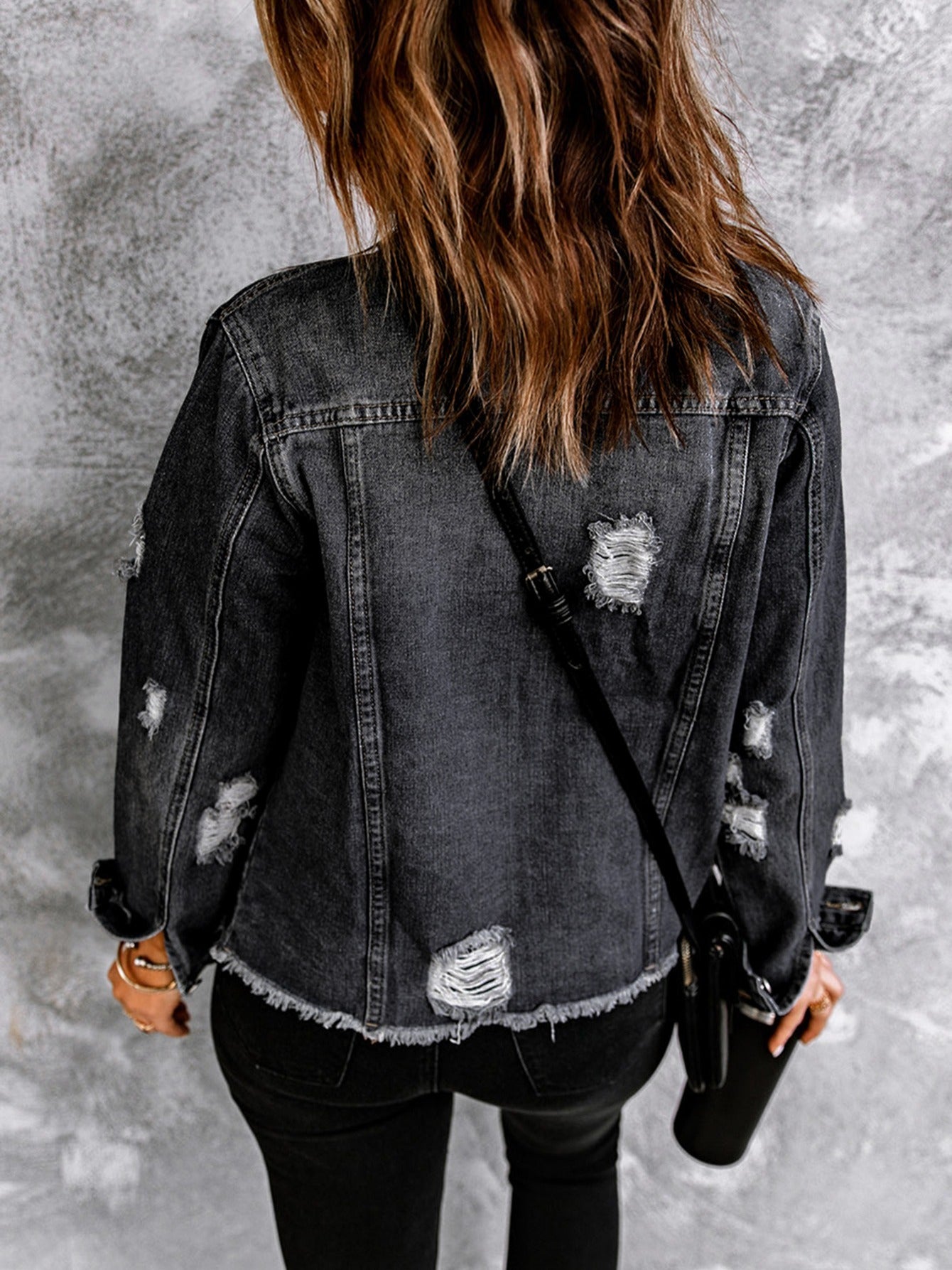 Lovevop-Black Lapel Distressed Denim Coats, Raw Hem Single-Breasted Buttons Long Sleeve Denim Jackets, Women's Denim Clothing