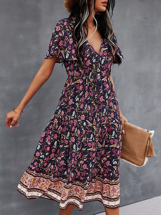 「lovevop」Boho Floral Print V Neck Dress, Casual Short Sleeve Dress For Spring & Summer, Women's Clothing