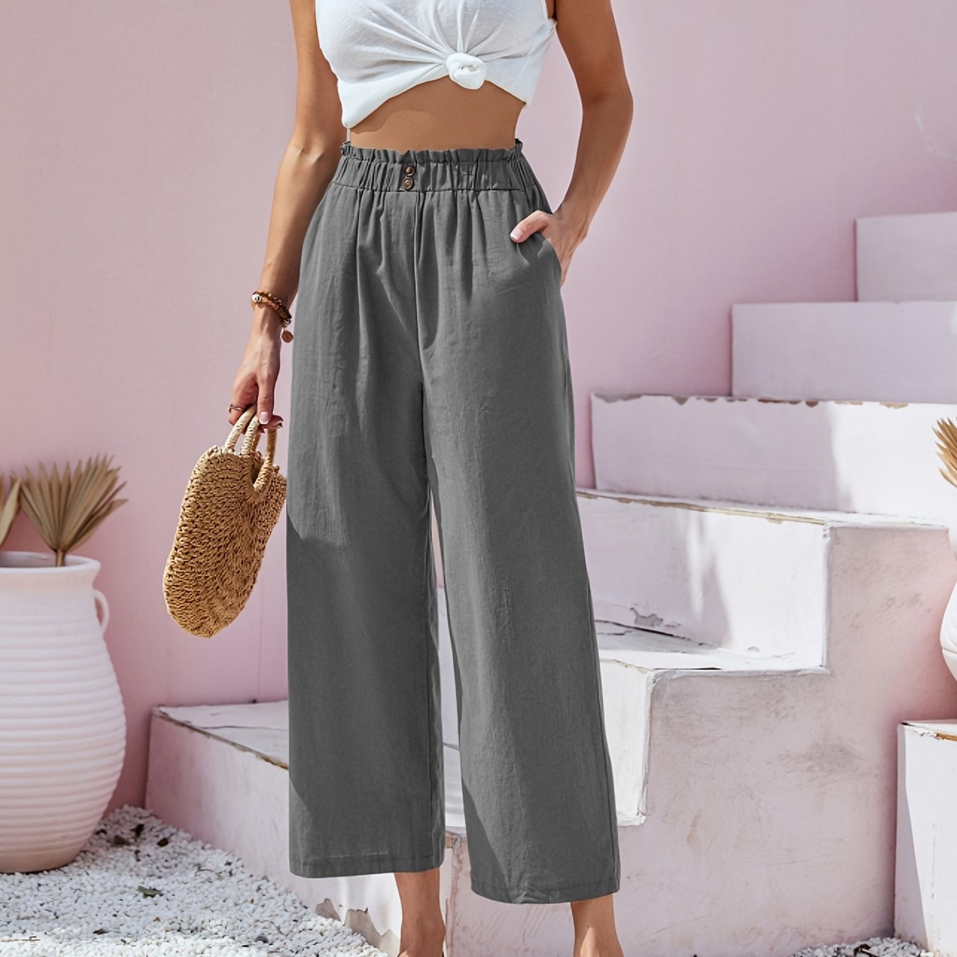 「lovevop」Button Front Wide Leg Pants, Casual Loose Pants For Spring & Summer, Women's Clothing