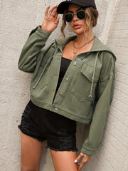 Lovevop-Army Green Hooded Denim Coats, Single-Breasted Button Long Sleeves Flap Pockets Denim Jackets, Women's Denim Clothing