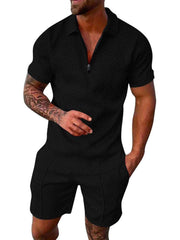 「lovevop」Men's Polyester Thin V-neck Zipper Sweatsuits With V-neck Zipper T-shirt & Shorts Christmas Gifts Best Sellers