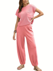 Two-Piece Jogger Pants Set - Soft, Elegant, Short Sleeve Pocket Knit Top & Loose Fit Pants Outfit - Comfortable, Versatile, and Chic Women's Clothing for Everyday Wear