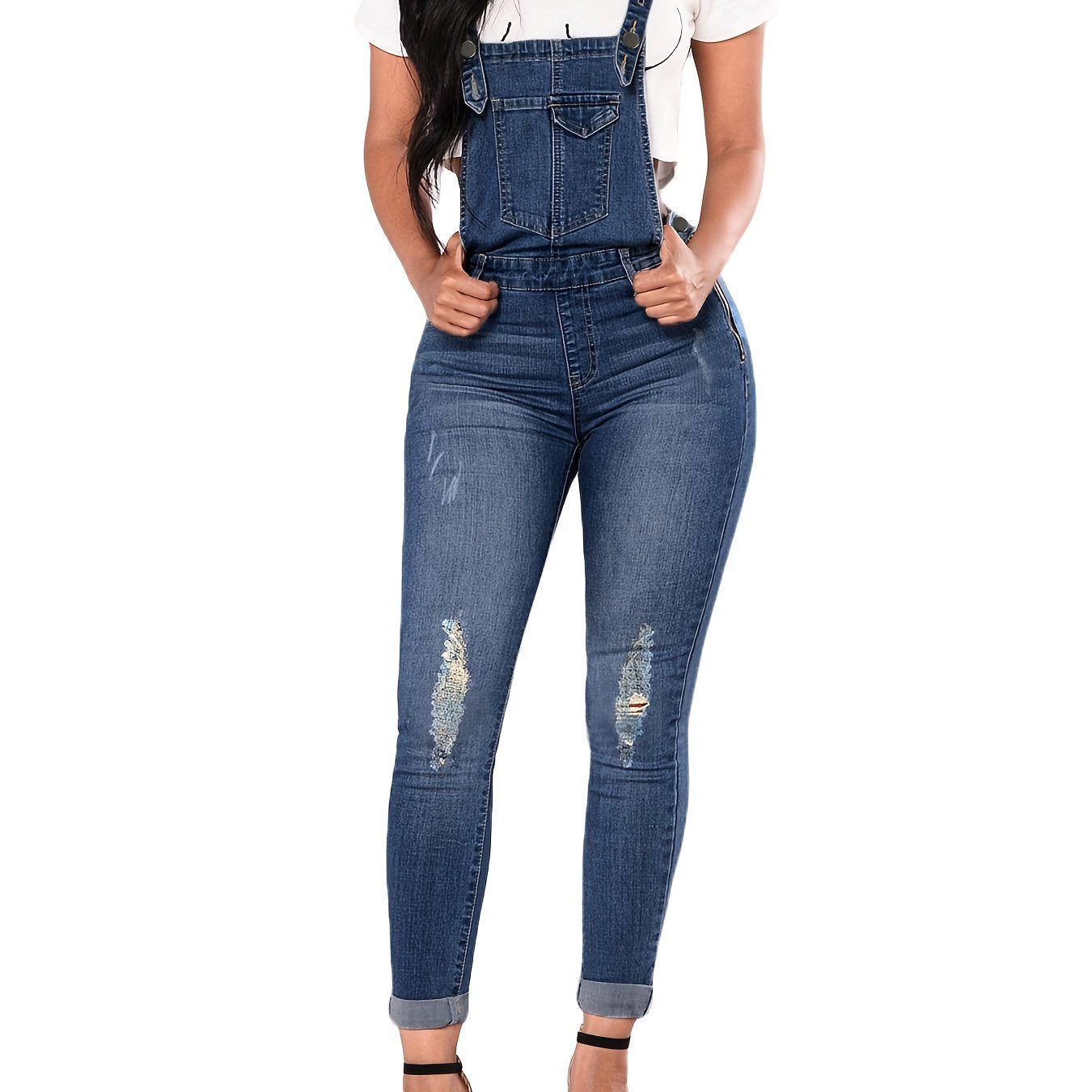 Lovevop-Blue Ripped Holes Denim Overalls, Slim Fit Slight-Stretch Slash Pockets Denim Jumpsuit, Women's Denim Clothing